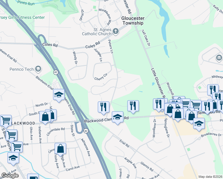 map of restaurants, bars, coffee shops, grocery stores, and more near 51 Peters Lane in Gloucester Township