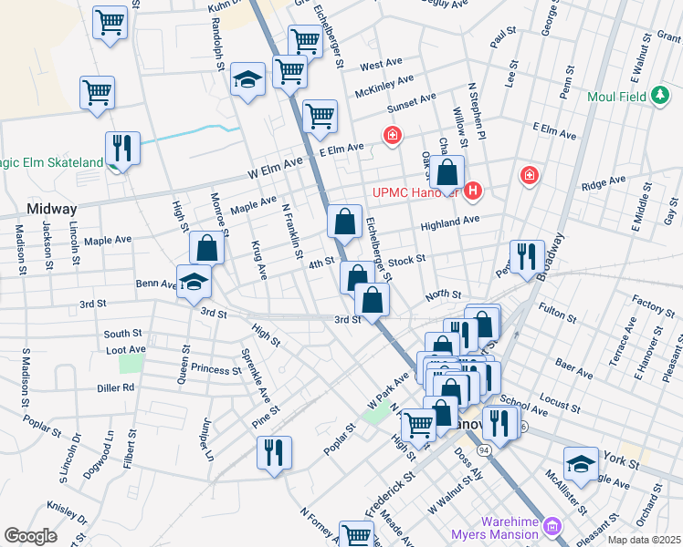map of restaurants, bars, coffee shops, grocery stores, and more near 446 Carlisle Street in Hanover