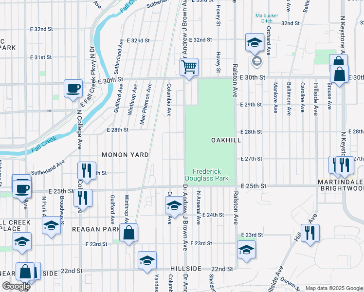 map of restaurants, bars, coffee shops, grocery stores, and more near 2712 Doctor Andrew J Brown Avenue in Indianapolis