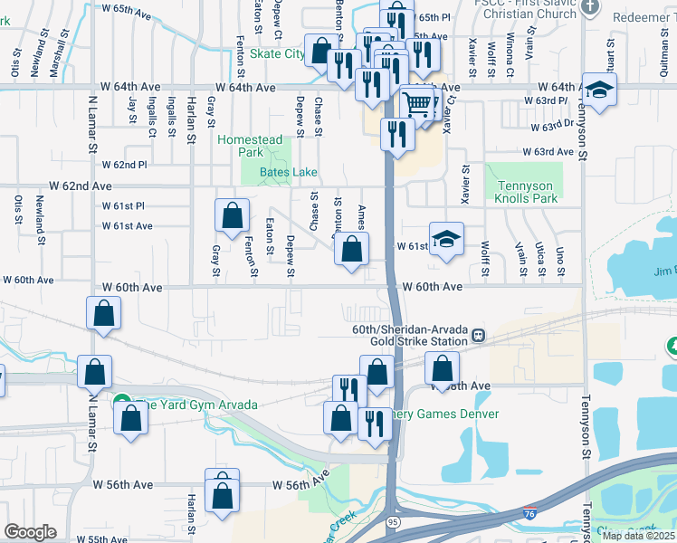 map of restaurants, bars, coffee shops, grocery stores, and more near 5455b West 60th Avenue in Arvada