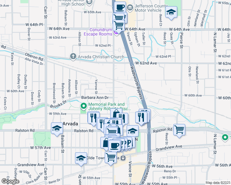 map of restaurants, bars, coffee shops, grocery stores, and more near in Arvada