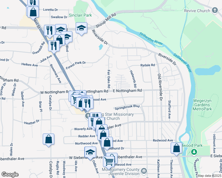 map of restaurants, bars, coffee shops, grocery stores, and more near 236 East Nottingham Road in Dayton