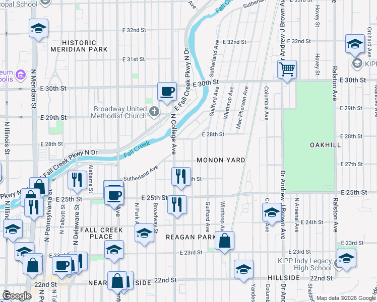 map of restaurants, bars, coffee shops, grocery stores, and more near 2702 Carrollton Avenue in Indianapolis