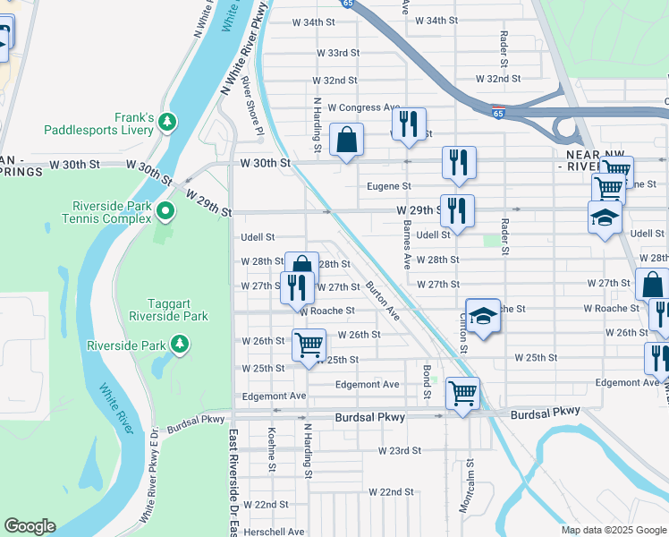 map of restaurants, bars, coffee shops, grocery stores, and more near 1360 West 27th Street in Indianapolis