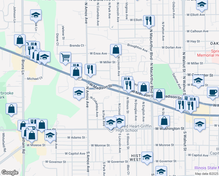 map of restaurants, bars, coffee shops, grocery stores, and more near 301-399 Hickory Street in Springfield