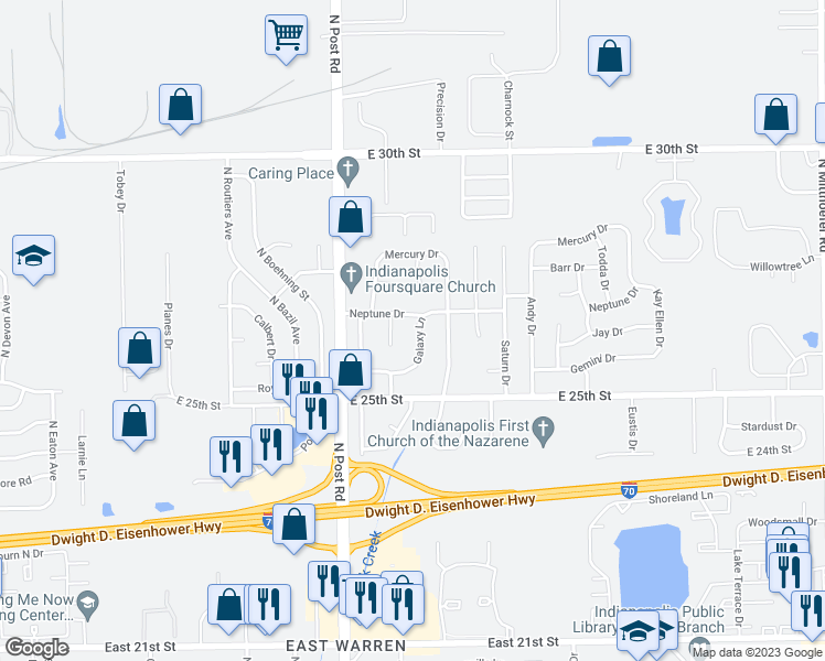 map of restaurants, bars, coffee shops, grocery stores, and more near 2620 Galaxy Lane in Indianapolis
