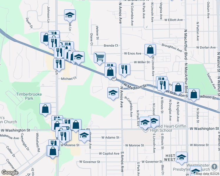 map of restaurants, bars, coffee shops, grocery stores, and more near 407 Dawson Street in Springfield