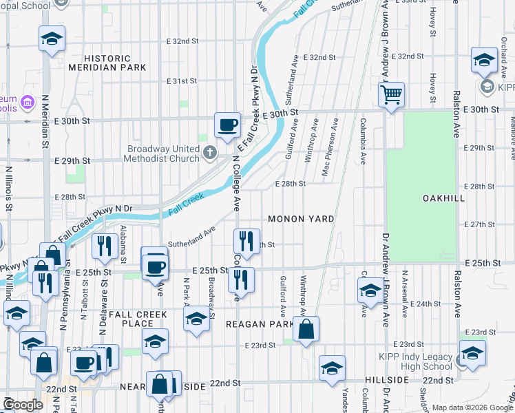 map of restaurants, bars, coffee shops, grocery stores, and more near 2702 Carrollton Avenue in Indianapolis