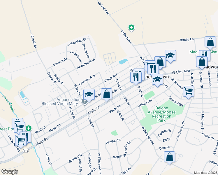 map of restaurants, bars, coffee shops, grocery stores, and more near 409 North Street in McSherrystown