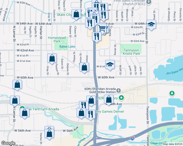 map of restaurants, bars, coffee shops, grocery stores, and more near 6005 Sheridan Boulevard in Arvada