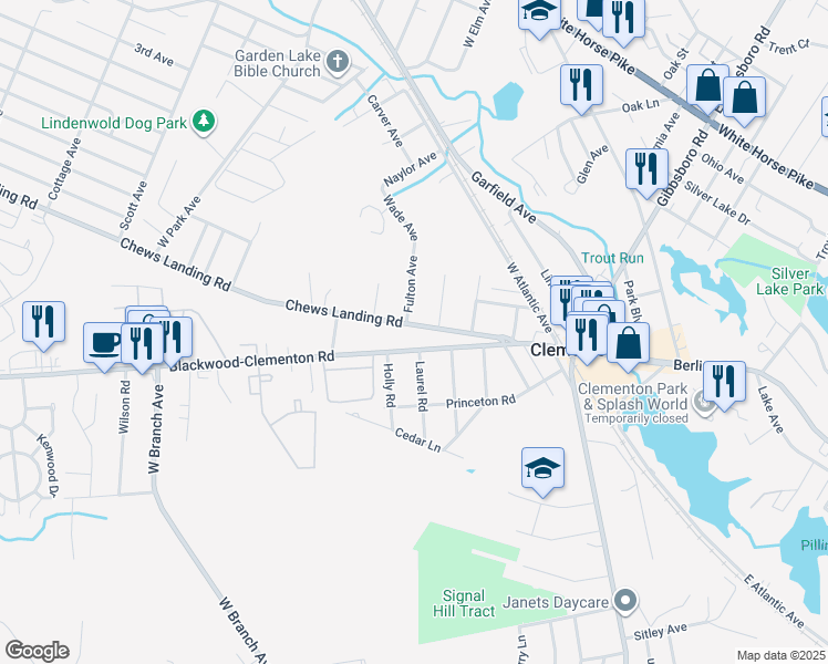 map of restaurants, bars, coffee shops, grocery stores, and more near 97 Blackwood Clementon Road in Clementon