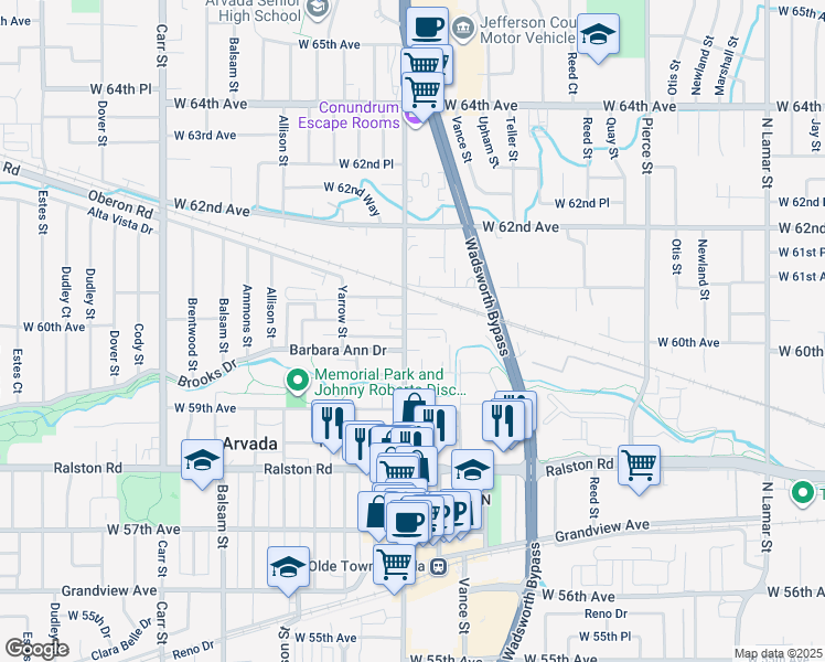 map of restaurants, bars, coffee shops, grocery stores, and more near in Arvada