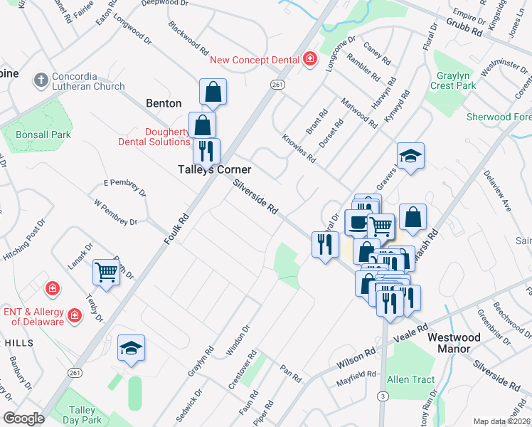 map of restaurants, bars, coffee shops, grocery stores, and more near 2404 Brickton Road in Wilmington