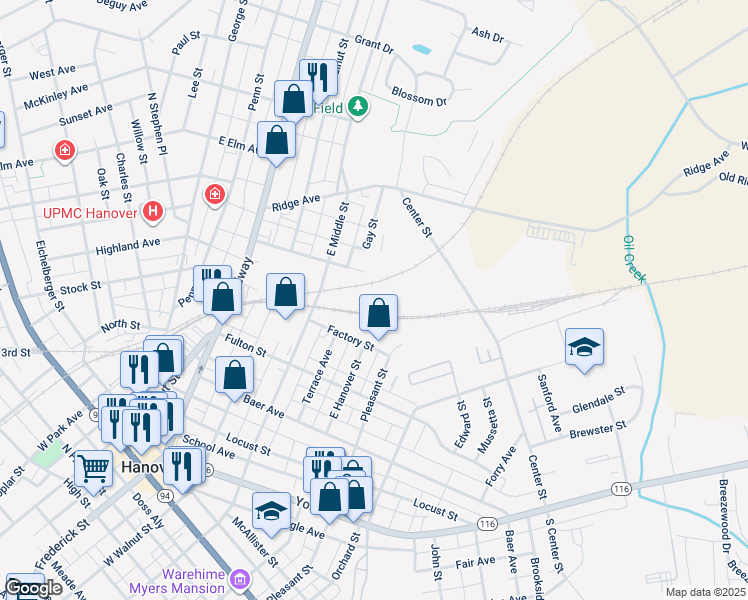 map of restaurants, bars, coffee shops, grocery stores, and more near 447 East Middle Street in Hanover