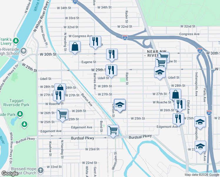 map of restaurants, bars, coffee shops, grocery stores, and more near 1115 West 27th Street in Indianapolis