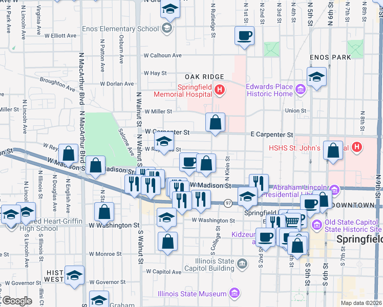 map of restaurants, bars, coffee shops, grocery stores, and more near 407 West Mason Street in Springfield