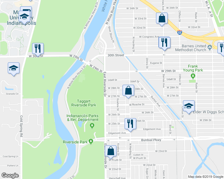 map of restaurants, bars, coffee shops, grocery stores, and more near 1519 West 28th Street in Indianapolis