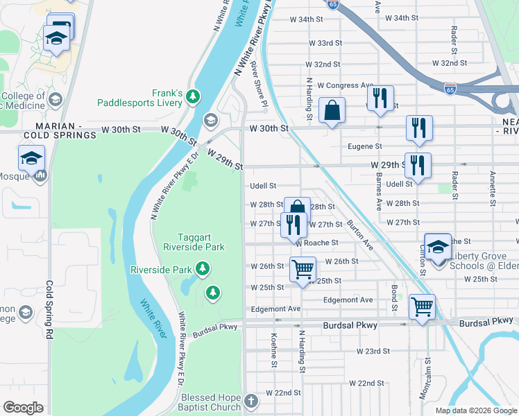 map of restaurants, bars, coffee shops, grocery stores, and more near 1520 West 27th Street in Indianapolis