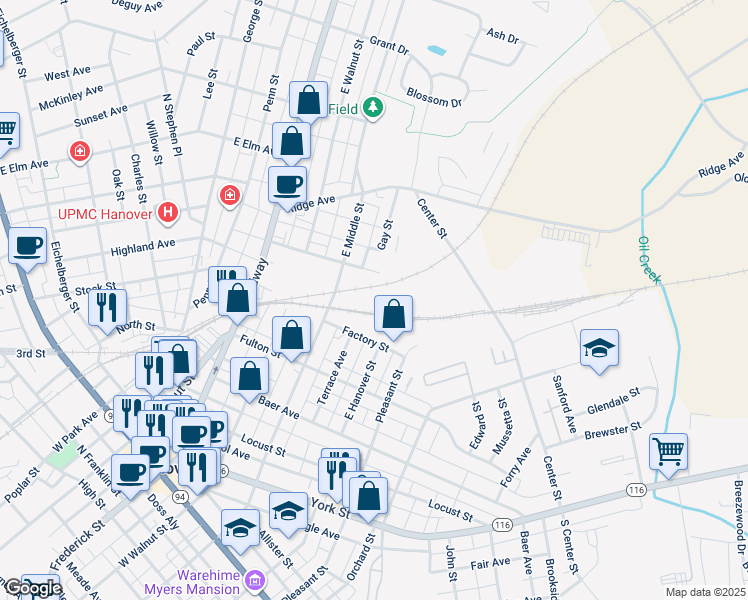 map of restaurants, bars, coffee shops, grocery stores, and more near 447 East Middle Street in Hanover