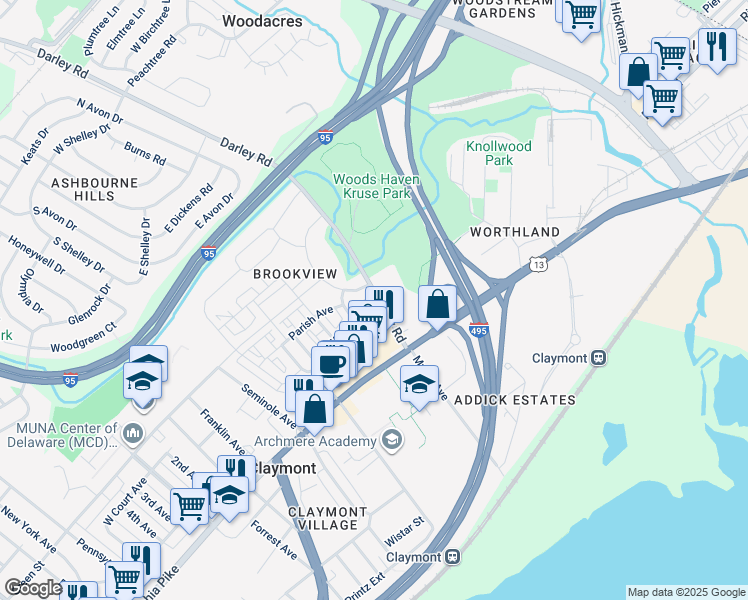 map of restaurants, bars, coffee shops, grocery stores, and more near 37 Darley Road in Claymont