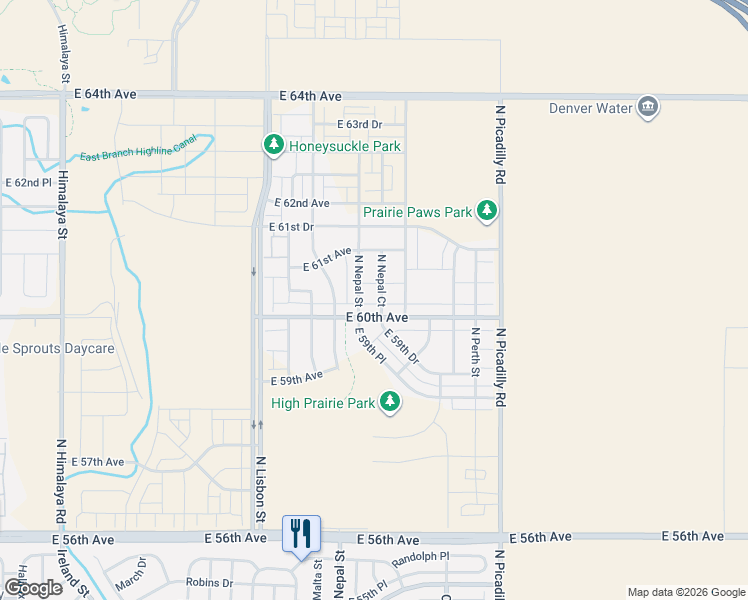 map of restaurants, bars, coffee shops, grocery stores, and more near 21201 East 60th Avenue in Aurora
