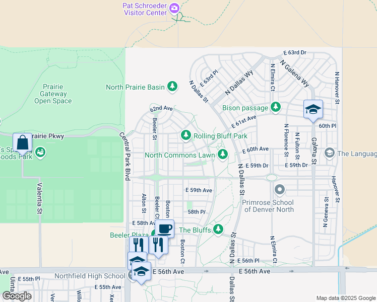 map of restaurants, bars, coffee shops, grocery stores, and more near 9385 59th North Drive in Denver