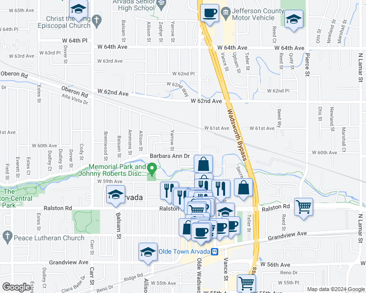 map of restaurants, bars, coffee shops, grocery stores, and more near 7656 Barbara Ann Drive in Arvada