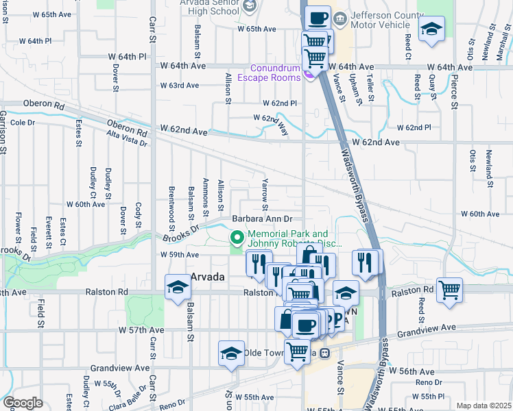 map of restaurants, bars, coffee shops, grocery stores, and more near 7732 Barbara Ann Drive in Arvada