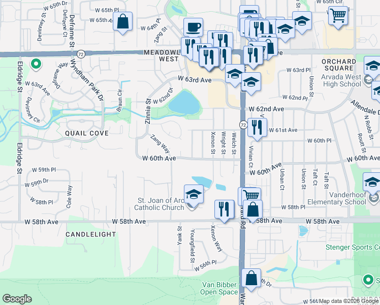 map of restaurants, bars, coffee shops, grocery stores, and more near 12800 West 60th Avenue in Arvada