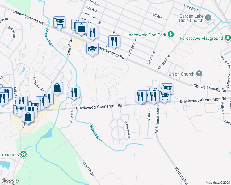 map of restaurants, bars, coffee shops, grocery stores, and more near 387 Blackwood Clementon Road in Lindenwold