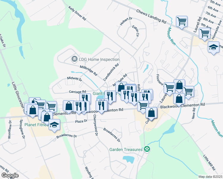 map of restaurants, bars, coffee shops, grocery stores, and more near 1341 Blackwood-Clementon Road in Clementon