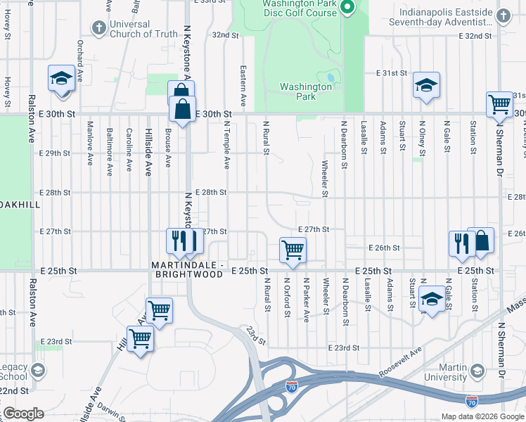map of restaurants, bars, coffee shops, grocery stores, and more near 2724 North Rural Street in Indianapolis