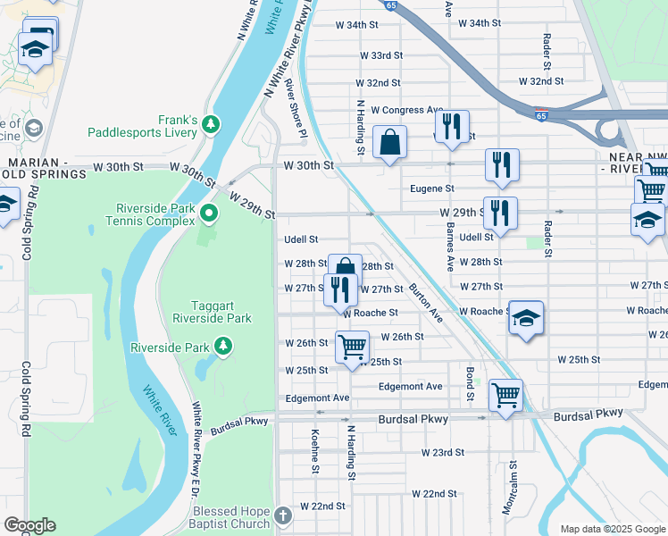 map of restaurants, bars, coffee shops, grocery stores, and more near 1418 West 27th Street in Indianapolis