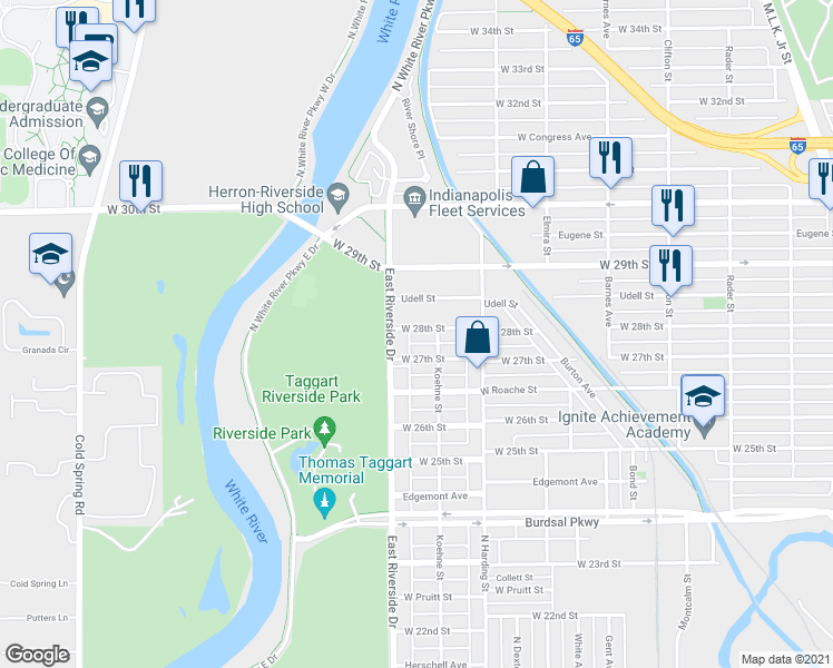 map of restaurants, bars, coffee shops, grocery stores, and more near 1520 West 27th Street in Indianapolis