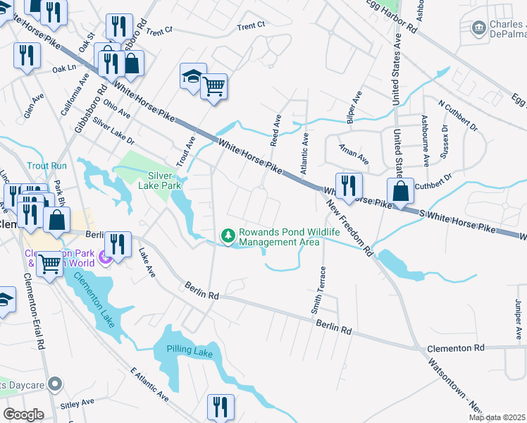 map of restaurants, bars, coffee shops, grocery stores, and more near 46 Rowand Way East in Clementon