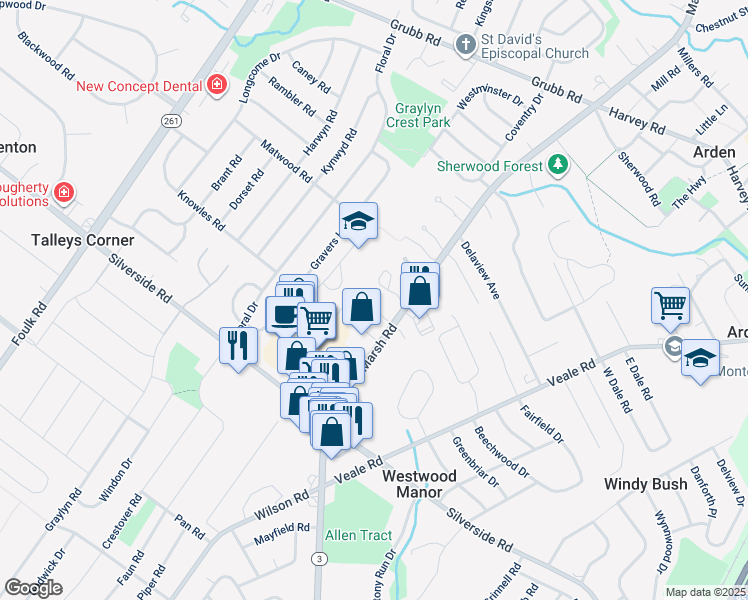 map of restaurants, bars, coffee shops, grocery stores, and more near 120 Vineyards Court in Wilmington