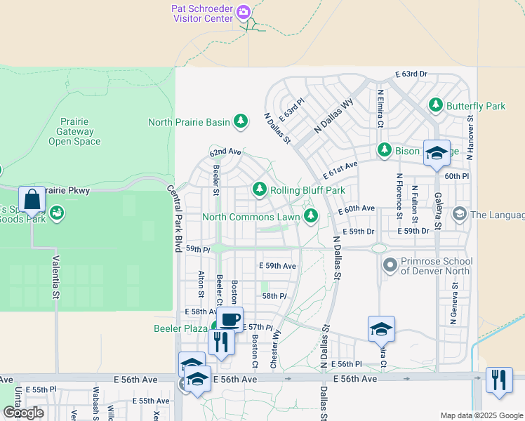 map of restaurants, bars, coffee shops, grocery stores, and more near 9377 East 60th Avenue in Denver