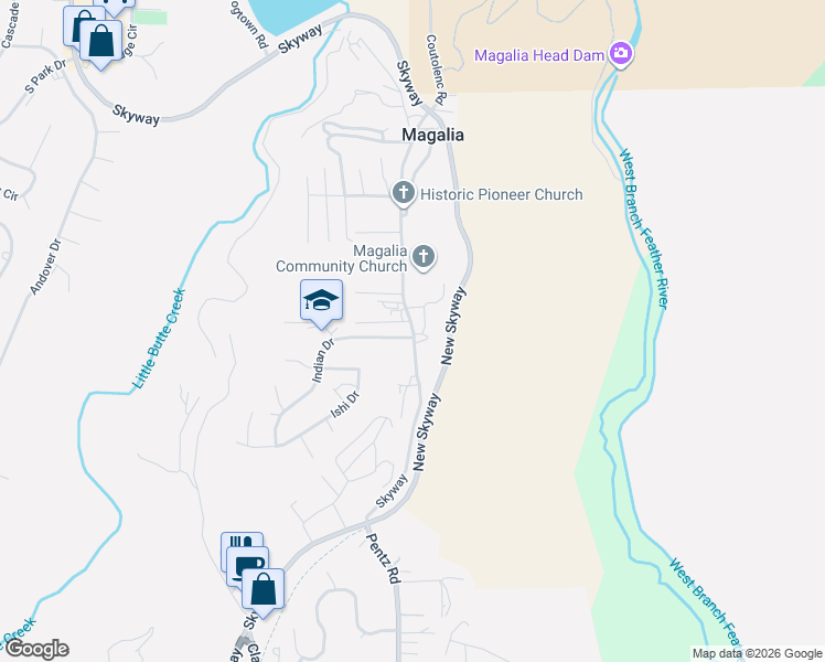 map of restaurants, bars, coffee shops, grocery stores, and more near 13693 Skyway in Magalia