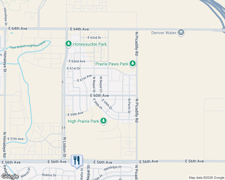 map of restaurants, bars, coffee shops, grocery stores, and more near 6012 North Netherland Court in Aurora