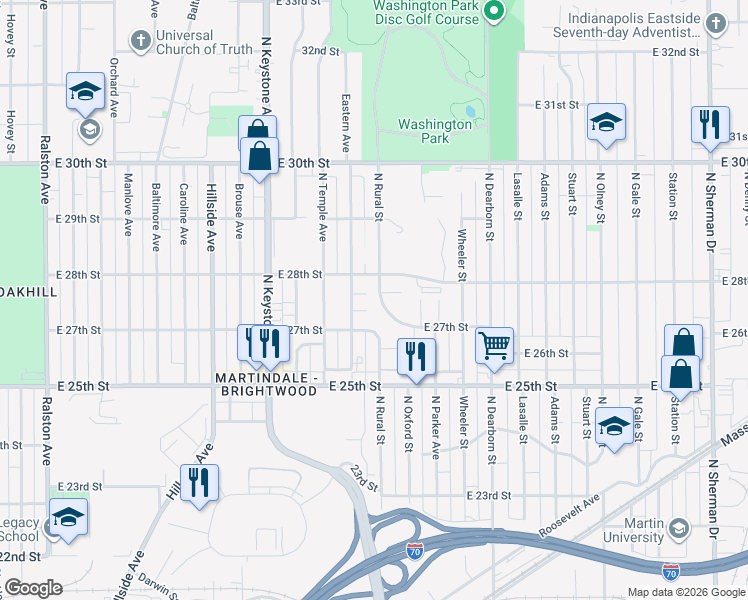 map of restaurants, bars, coffee shops, grocery stores, and more near 2724 North Rural Street in Indianapolis
