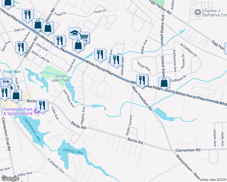 map of restaurants, bars, coffee shops, grocery stores, and more near 18 Rowand Way East in Clementon