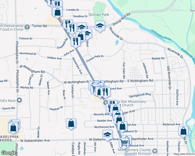 map of restaurants, bars, coffee shops, grocery stores, and more near 4328 North Main Street in Dayton