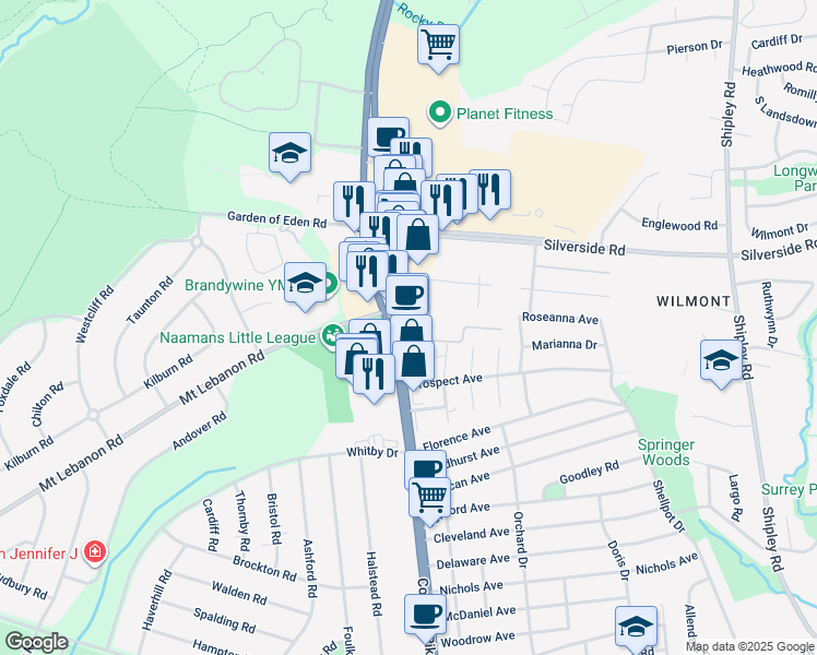 map of restaurants, bars, coffee shops, grocery stores, and more near 3902 Concord Pike in Wilmington