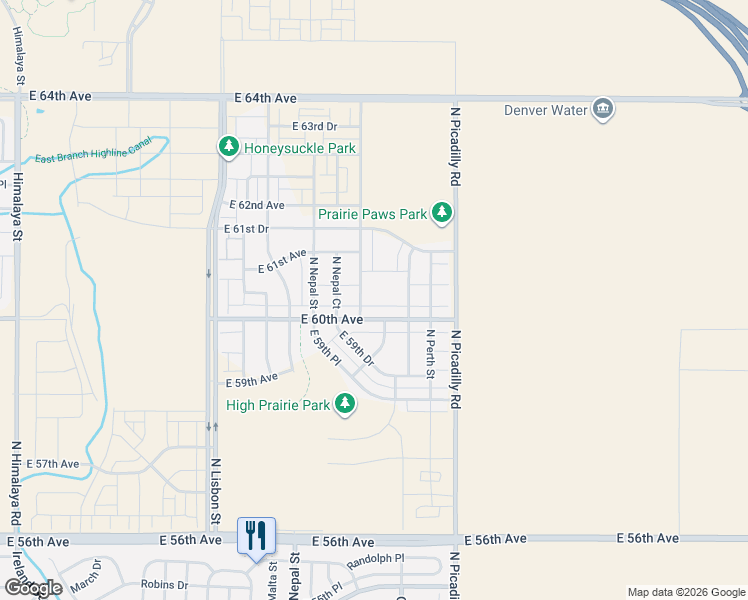 map of restaurants, bars, coffee shops, grocery stores, and more near 6012 North Netherland Court in Aurora