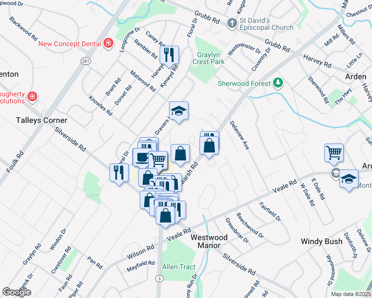map of restaurants, bars, coffee shops, grocery stores, and more near 120 Vineyards Court in Wilmington