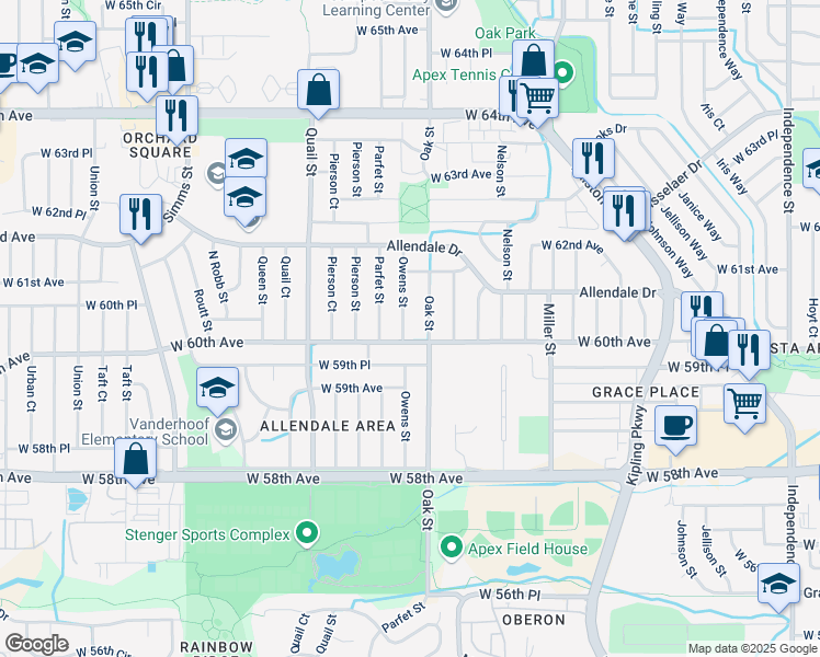 map of restaurants, bars, coffee shops, grocery stores, and more near 6048 Owens Street in Arvada