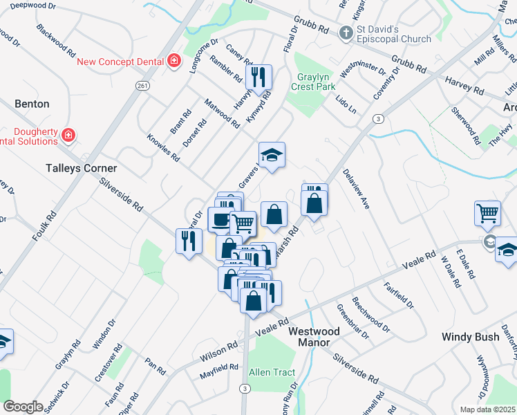map of restaurants, bars, coffee shops, grocery stores, and more near 1900 Westminster Drive in Wilmington