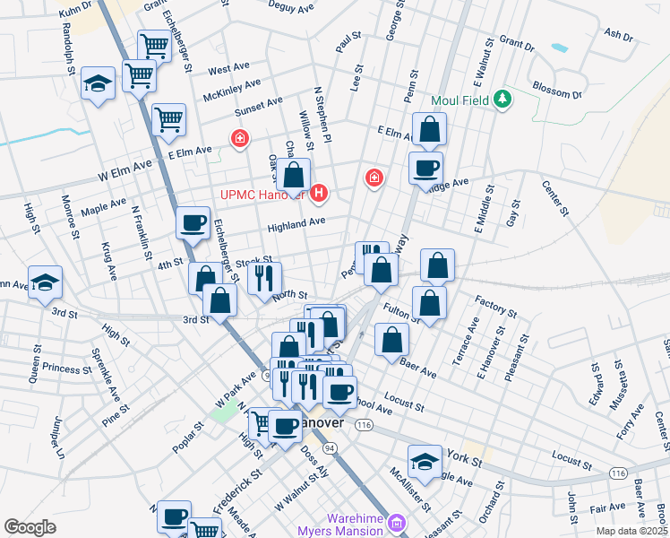 map of restaurants, bars, coffee shops, grocery stores, and more near 30 George Street in Hanover