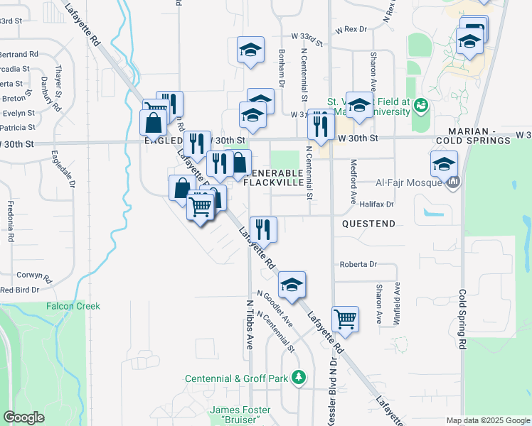 map of restaurants, bars, coffee shops, grocery stores, and more near 2835 North Tibbs Avenue in Indianapolis