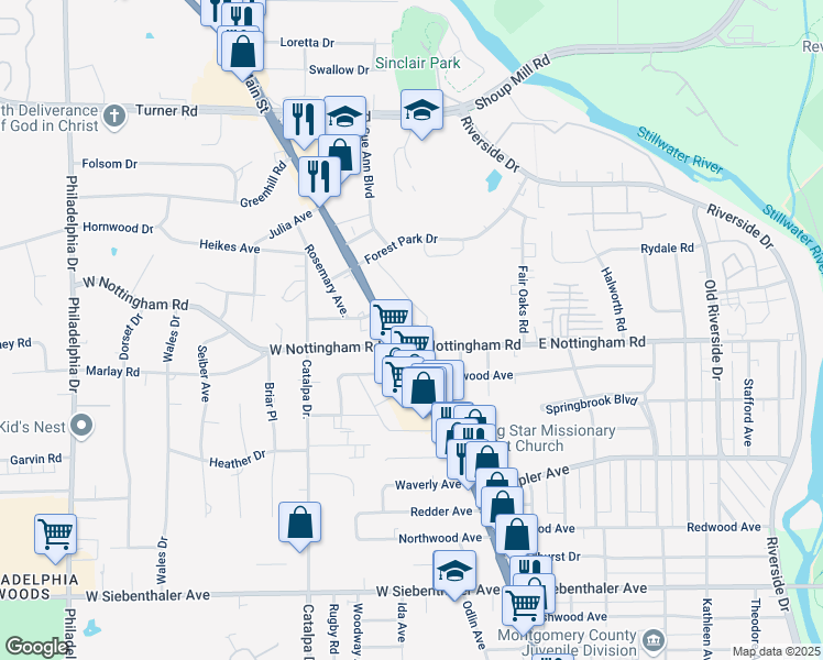 map of restaurants, bars, coffee shops, grocery stores, and more near 4328 North Main Street in Dayton